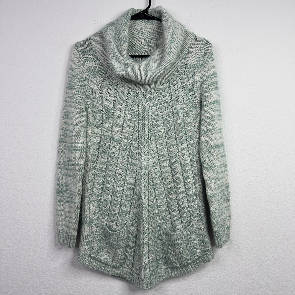 Guinevere Anthropologie Sweater Womens‎ M Green Wool Mohair Cowl Cable Knit Boho